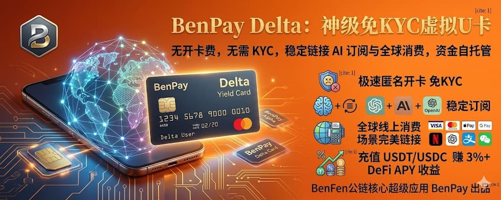 BenPay 虚拟 U 卡教程：无需 KYC 的 AI 订阅卡如何开通、充值和使用