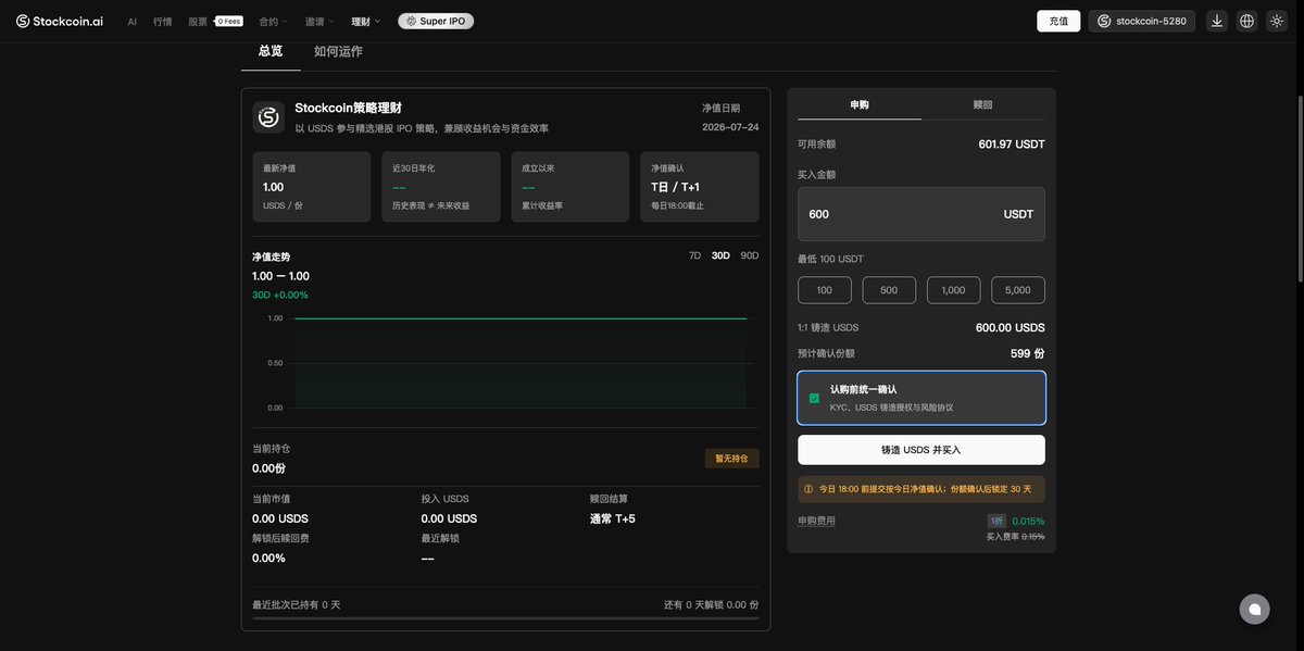 StockCoin 策略理财界面：输入 600U 参与理财打新